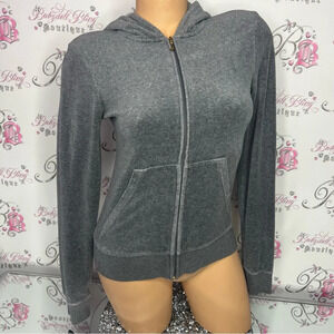 Juicy  couture grey zip up sweater fuzzy print logo on back with white sequins
